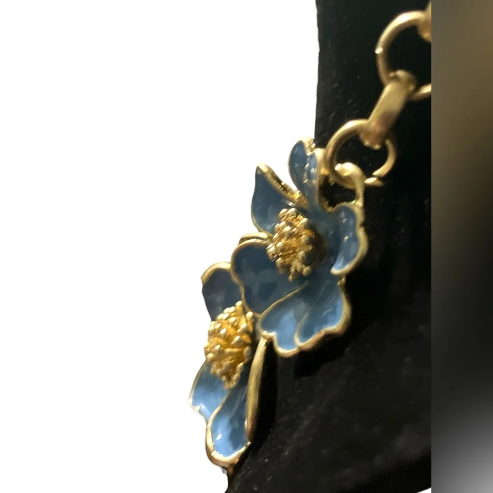 Blue Enamel 3D Flower Gold Tone Necklace - Picture 3 of 6